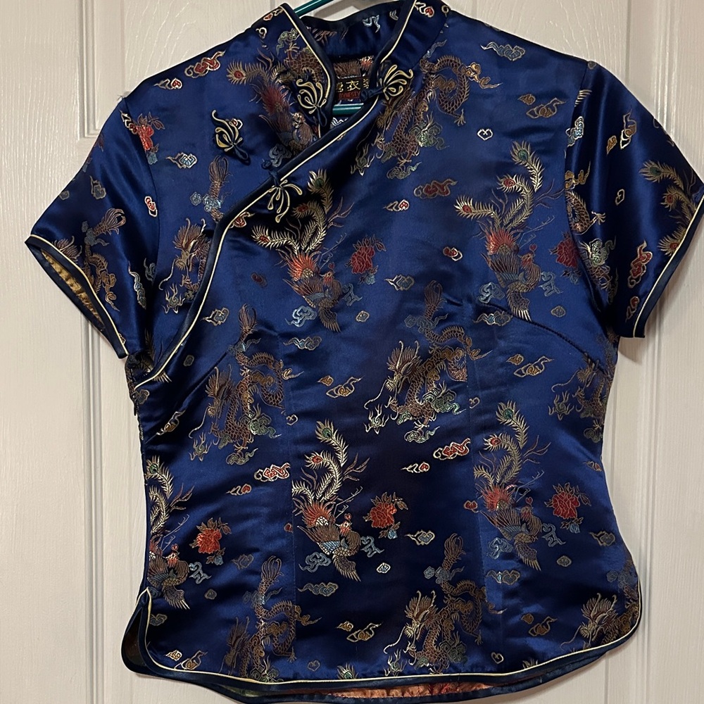 Blue Satin Top with Dragon Embroidery